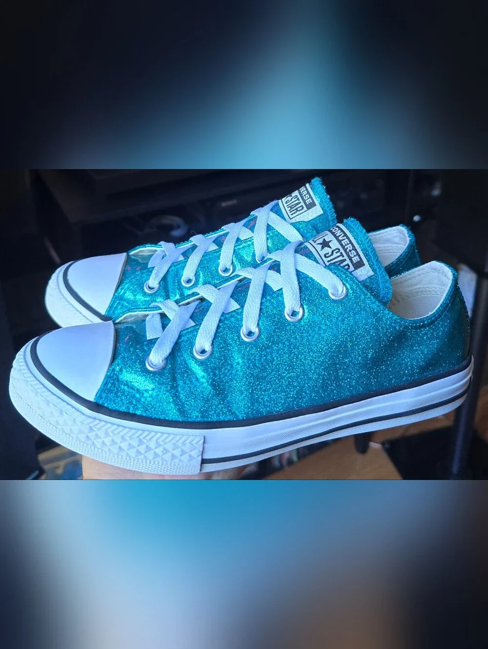 Sz 4 Big Kids CONVERSE CTAS 'Teal' Glitter Low Top Shoes